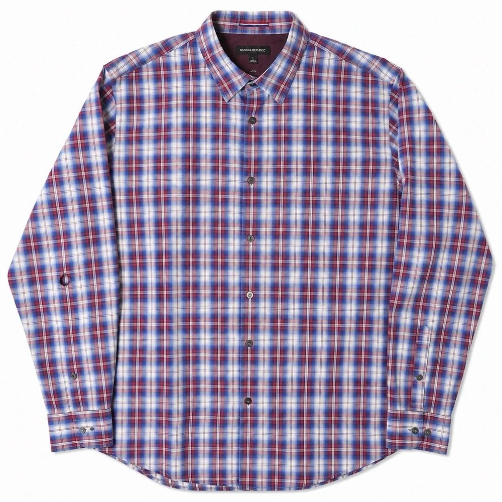 Banana Republic Mens Plaid Button Up Shirt Large Red Blue White Lightweight READ